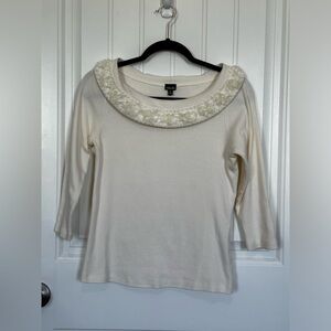 Rafaella Winter White Embellished Boat Neck Top Size Small GUC